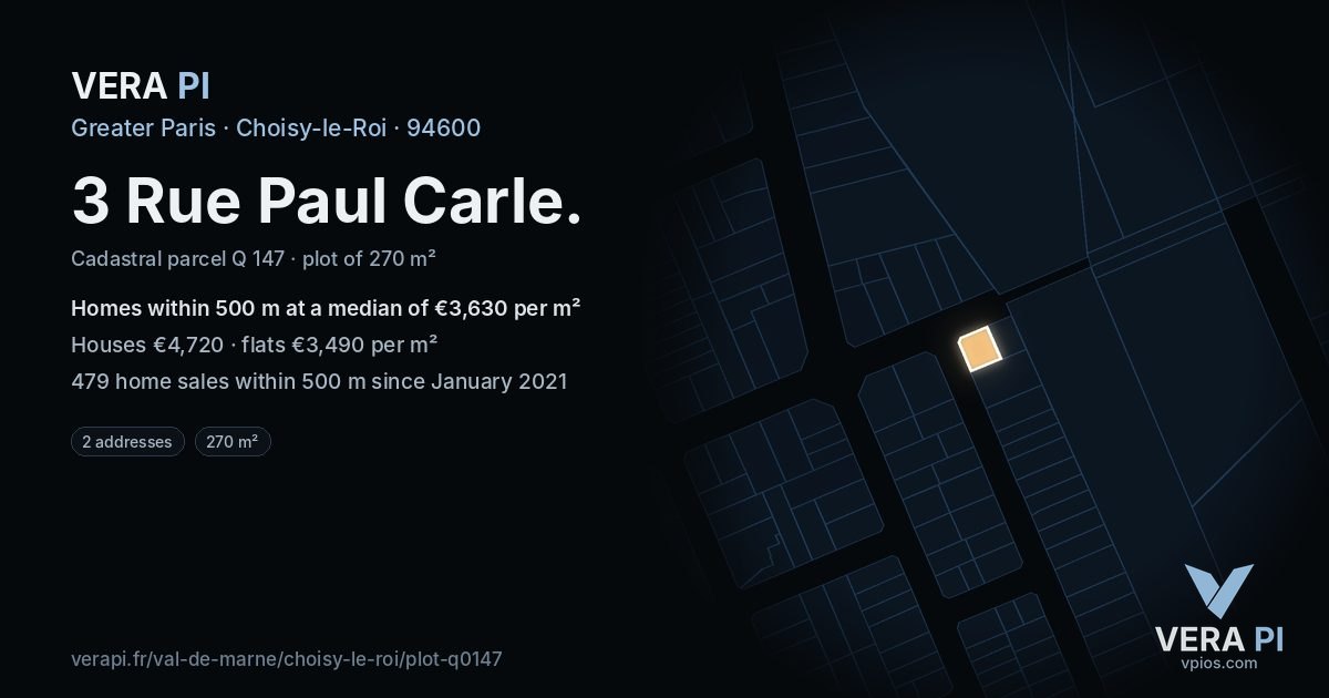 3 Rue Paul Carle, Choisy-le-Roi at night – the plot lit, the parcels around coloured by the prices near them
