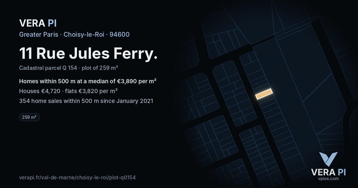 11 Rue Jules Ferry, Choisy-le-Roi at night – the plot lit, the parcels around coloured by the prices near them