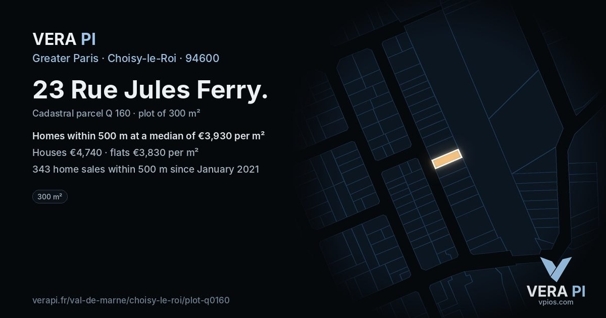 23 Rue Jules Ferry, Choisy-le-Roi at night – the plot lit, the parcels around coloured by the prices near them