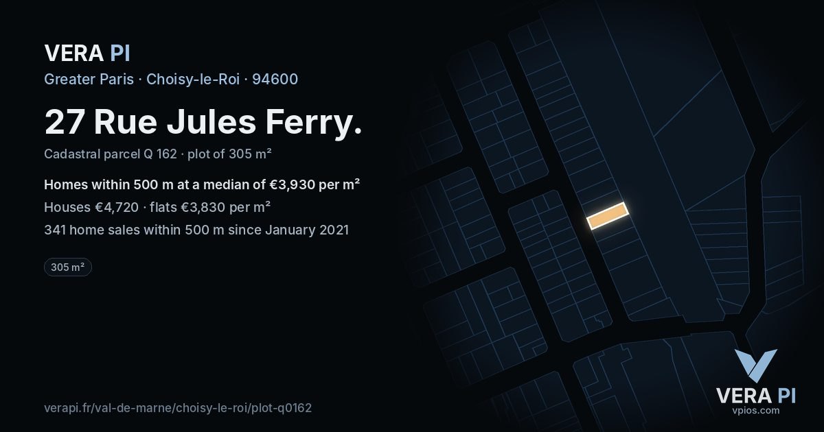27 Rue Jules Ferry, Choisy-le-Roi at night – the plot lit, the parcels around coloured by the prices near them