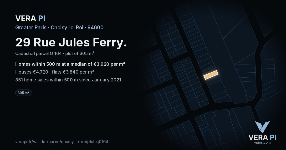 29 Rue Jules Ferry, Choisy-le-Roi at night – the plot lit, the parcels around coloured by the prices near them