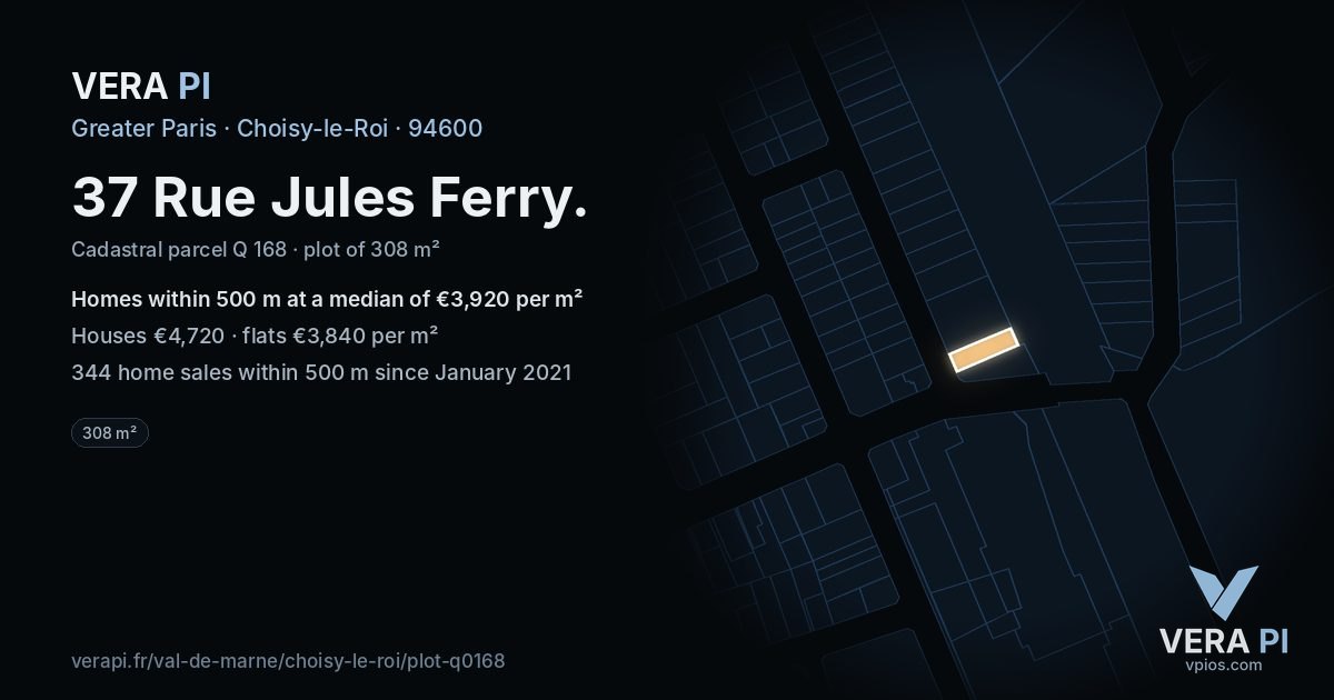 37 Rue Jules Ferry, Choisy-le-Roi at night – the plot lit, the parcels around coloured by the prices near them