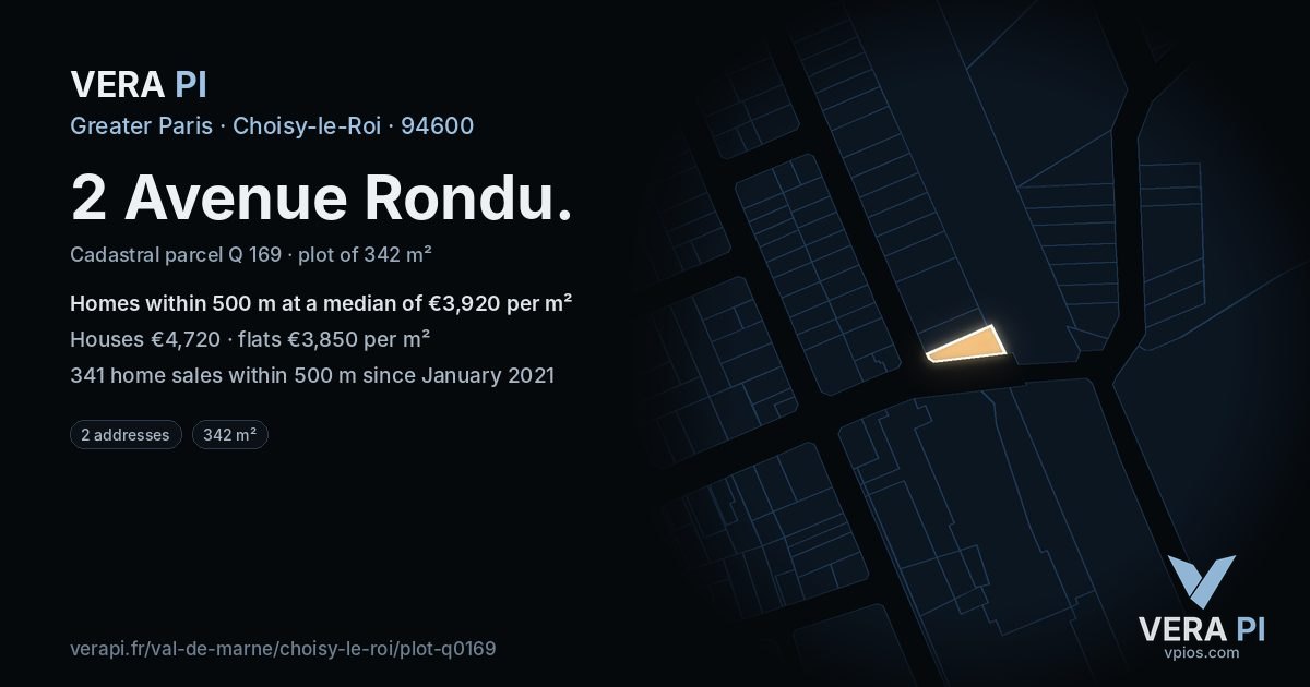 2 Avenue Rondu, Choisy-le-Roi at night – the plot lit, the parcels around coloured by the prices near them