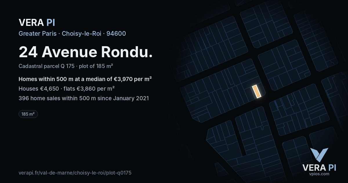 24 Avenue Rondu, Choisy-le-Roi at night – the plot lit, the parcels around coloured by the prices near them