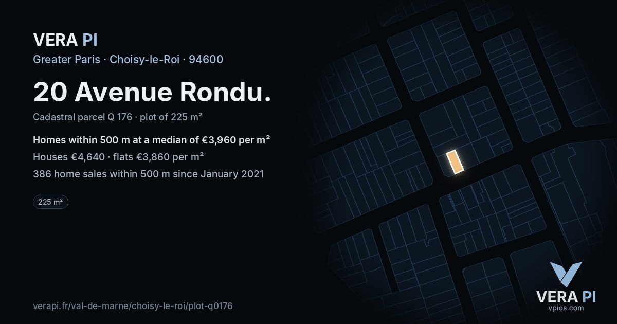 20 Avenue Rondu, Choisy-le-Roi at night – the plot lit, the parcels around coloured by the prices near them