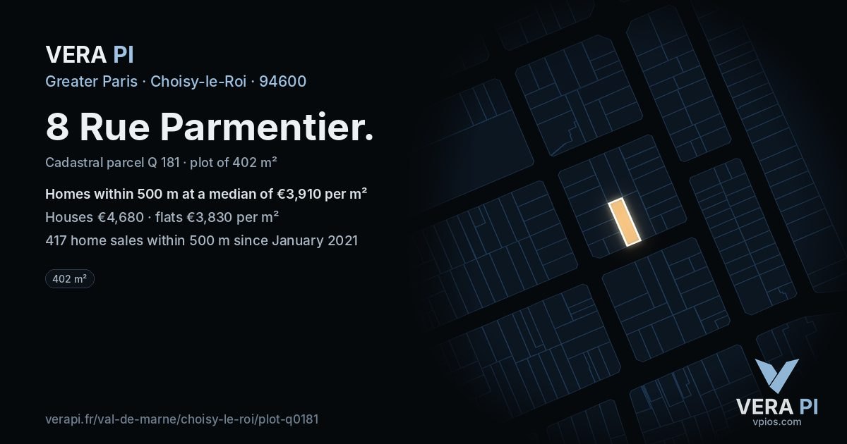 8 Rue Parmentier, Choisy-le-Roi at night – the plot lit, the parcels around coloured by the prices near them