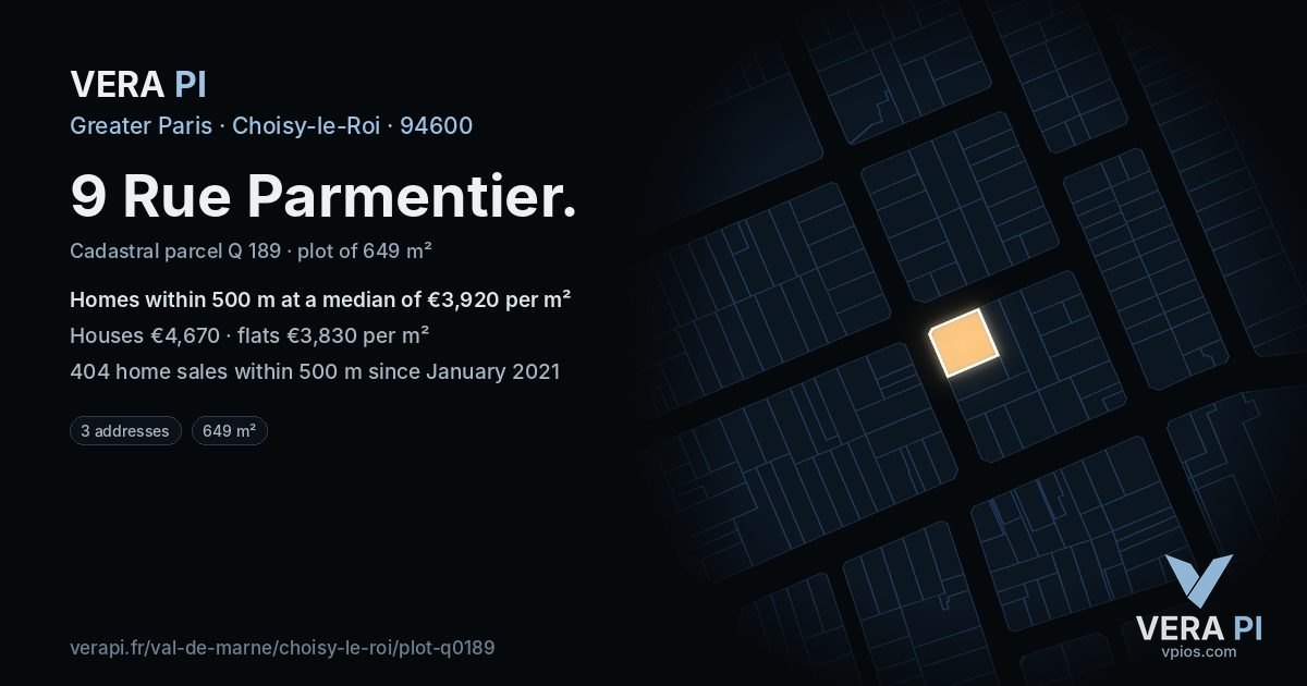 9 Rue Parmentier, Choisy-le-Roi at night – the plot lit, the parcels around coloured by the prices near them