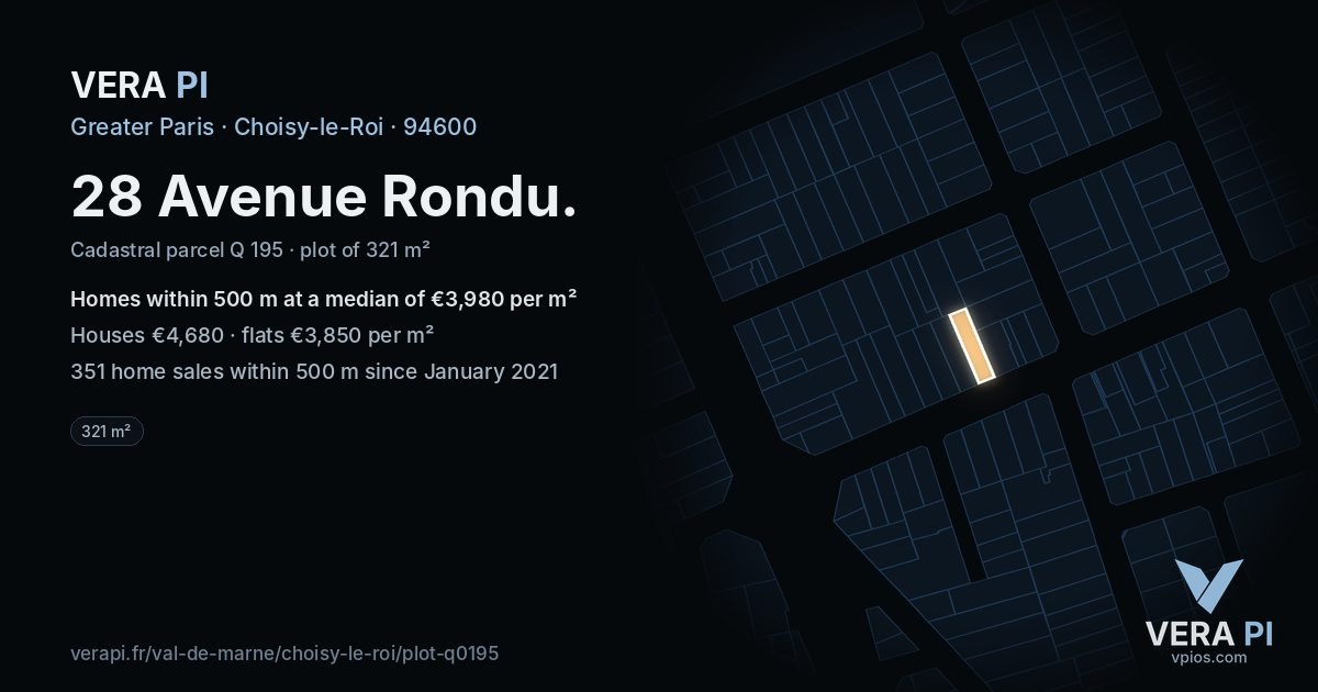 28 Avenue Rondu, Choisy-le-Roi at night – the plot lit, the parcels around coloured by the prices near them