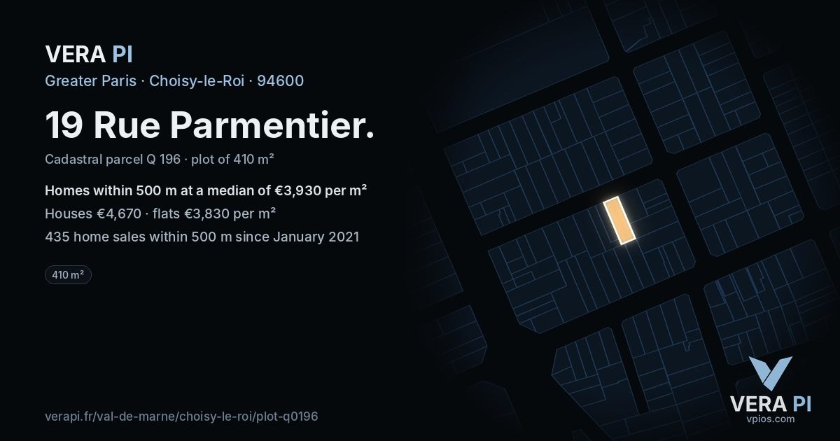19 Rue Parmentier, Choisy-le-Roi at night – the plot lit, the parcels around coloured by the prices near them