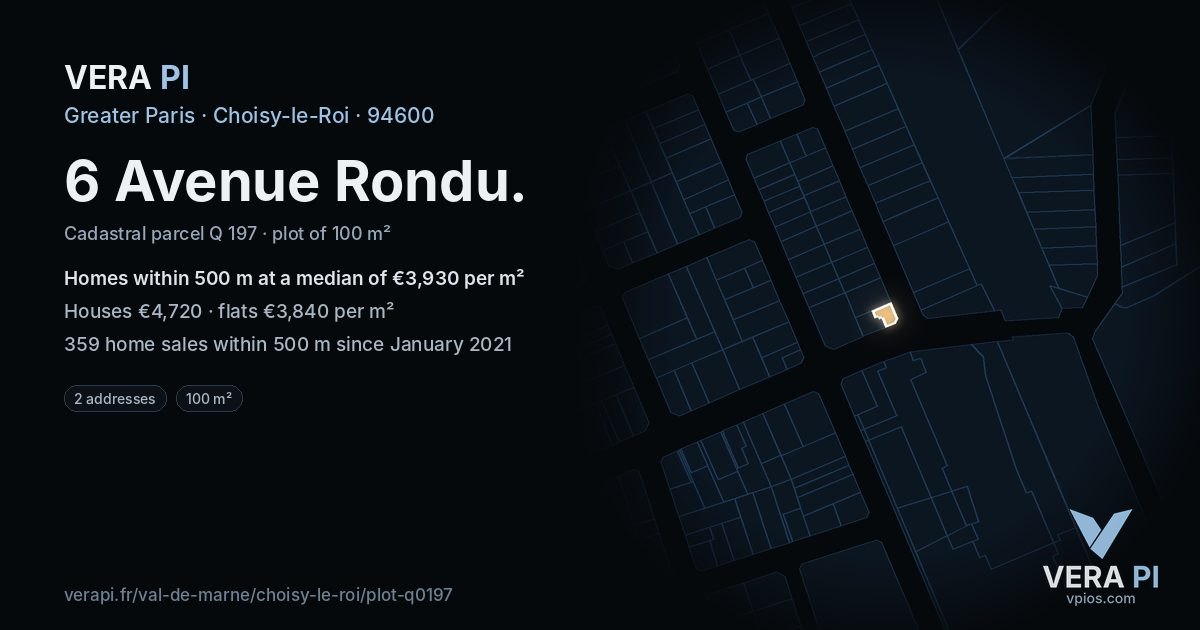6 Avenue Rondu, Choisy-le-Roi at night – the plot lit, the parcels around coloured by the prices near them