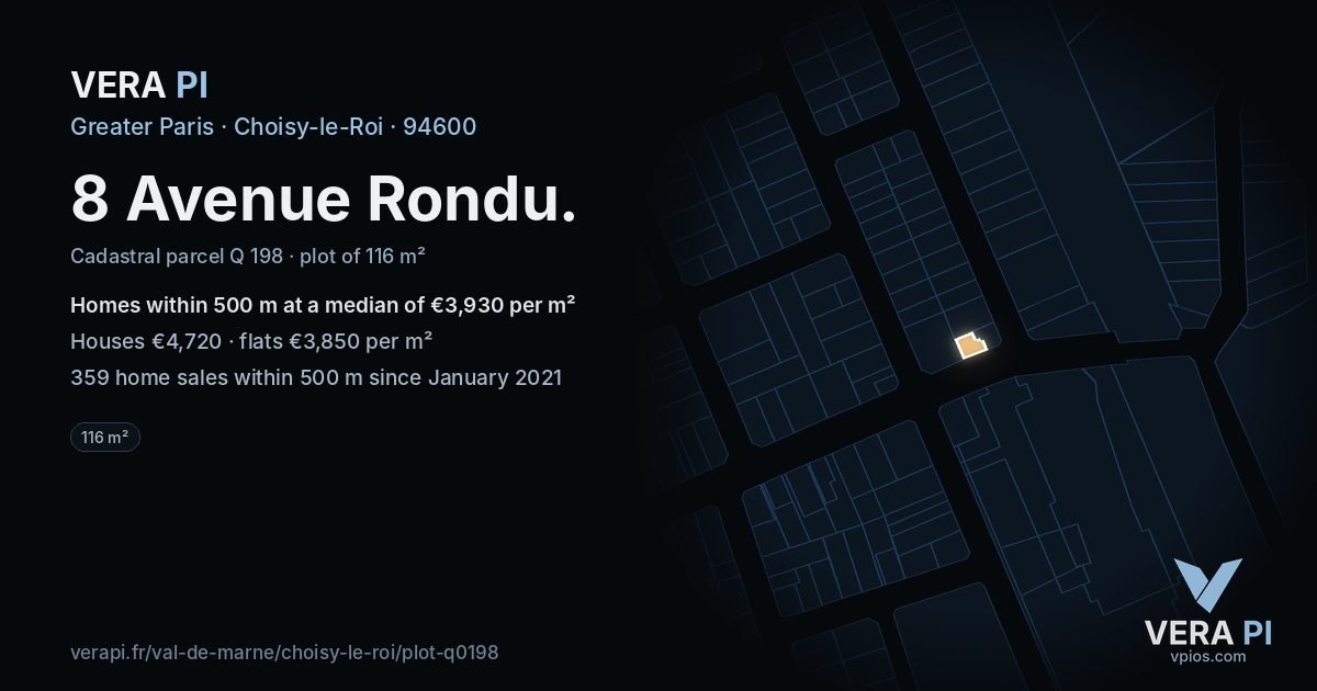 8 Avenue Rondu, Choisy-le-Roi at night – the plot lit, the parcels around coloured by the prices near them