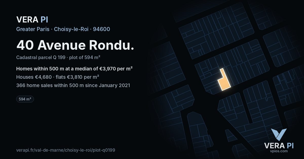 40 Avenue Rondu, Choisy-le-Roi at night – the plot lit, the parcels around coloured by the prices near them