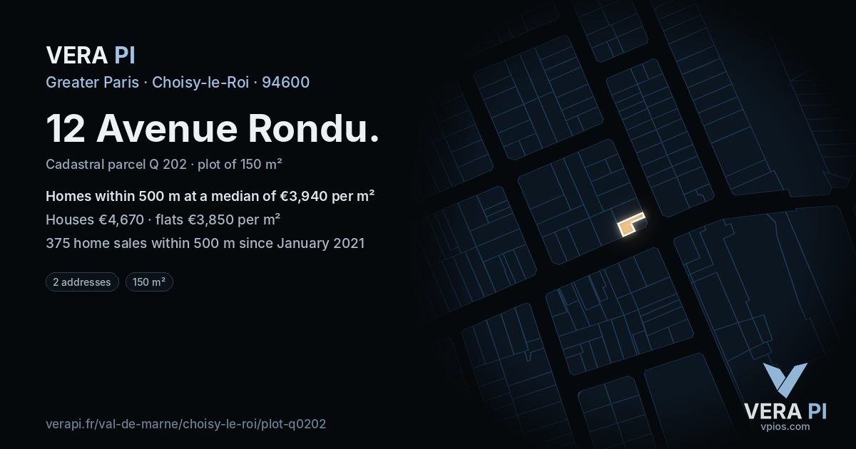 12 Avenue Rondu, Choisy-le-Roi at night – the plot lit, the parcels around coloured by the prices near them