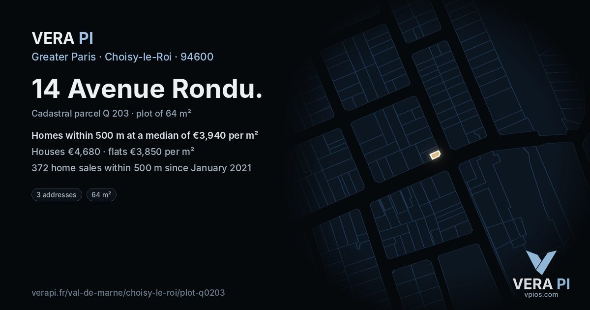 14 Avenue Rondu, Choisy-le-Roi at night – the plot lit, the parcels around coloured by the prices near them