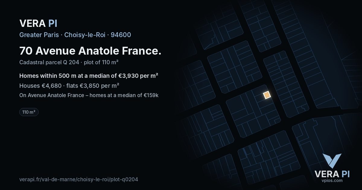 70 Avenue Anatole France, Choisy-le-Roi at night – the plot lit, the parcels around coloured by the prices near them