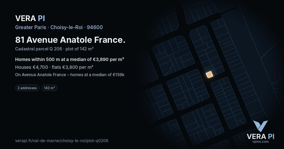 81 Avenue Anatole France, Choisy-le-Roi at night – the plot lit, the parcels around coloured by the prices near them