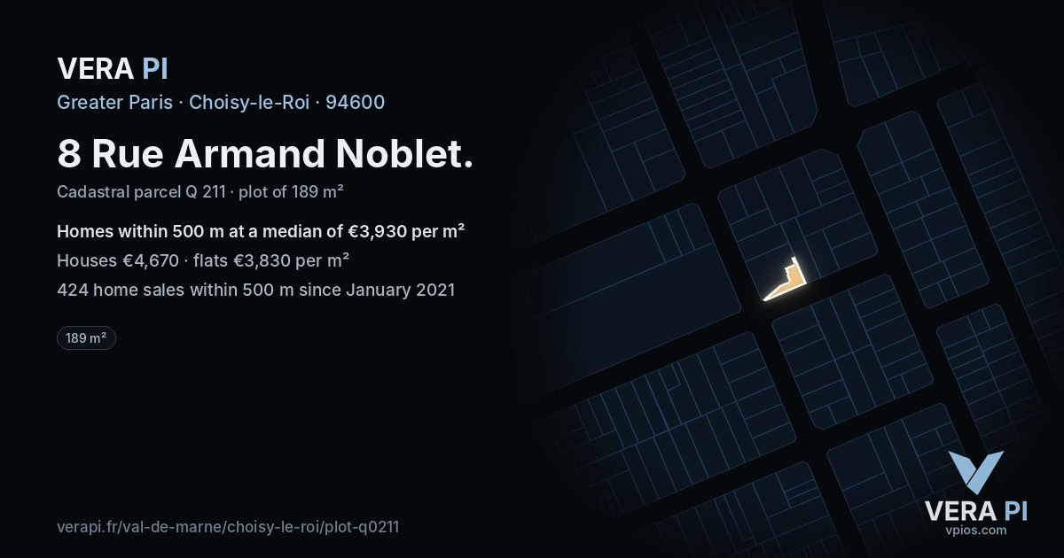 8 Rue Armand Noblet, Choisy-le-Roi at night – the plot lit, the parcels around coloured by the prices near them
