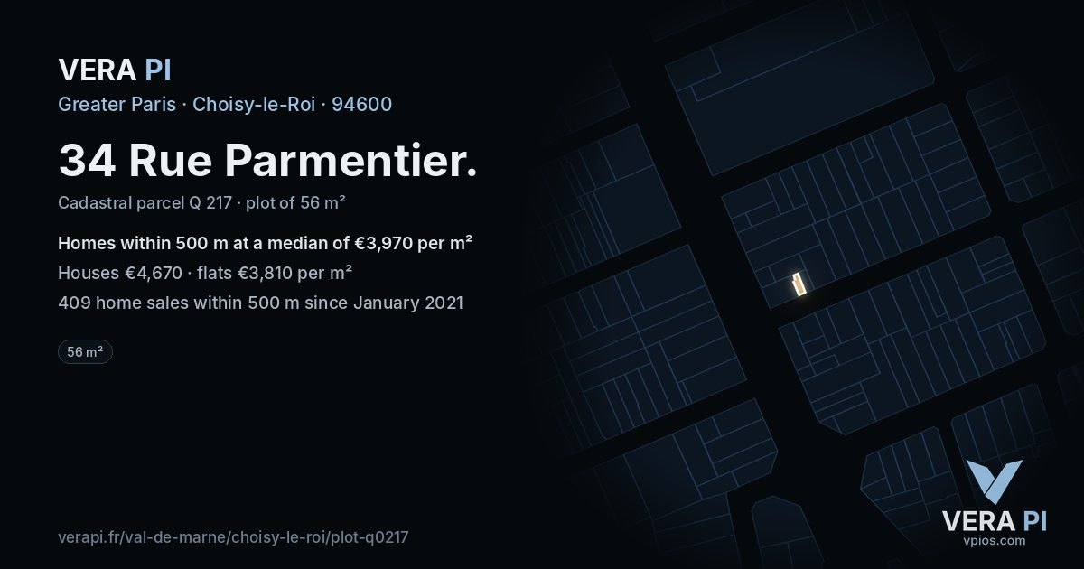 34 Rue Parmentier, Choisy-le-Roi at night – the plot lit, the parcels around coloured by the prices near them