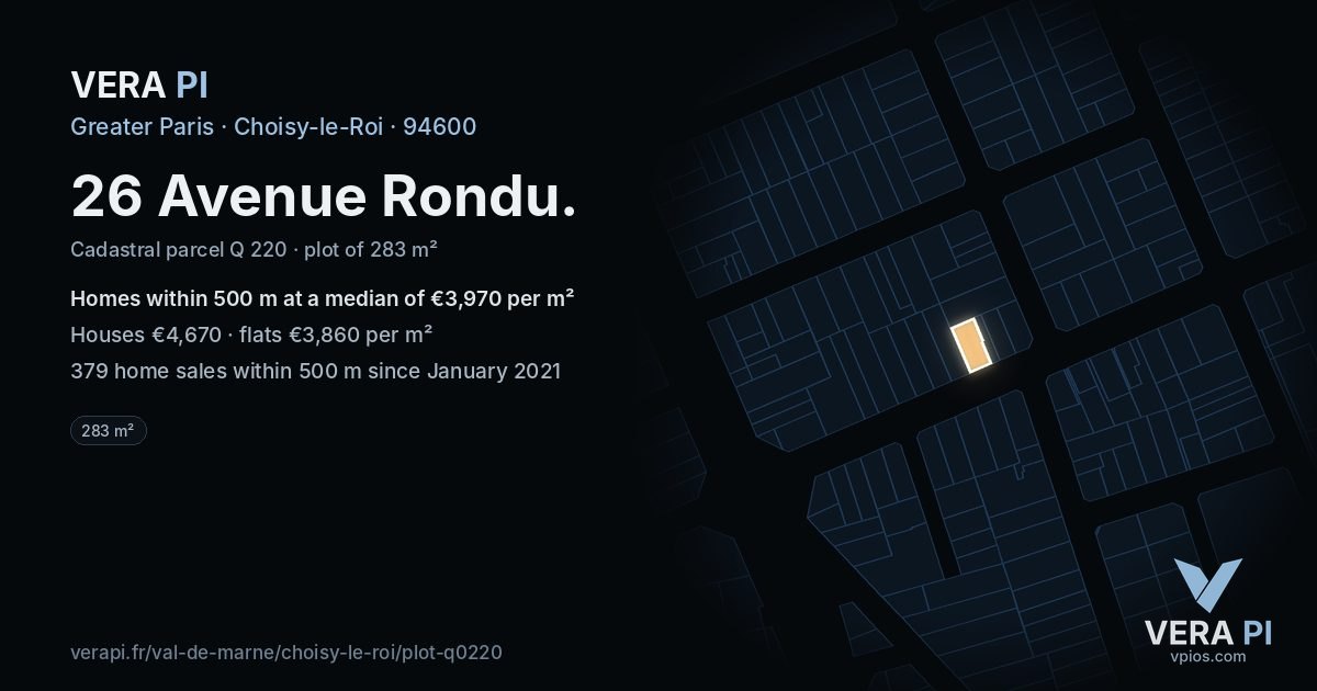26 Avenue Rondu, Choisy-le-Roi at night – the plot lit, the parcels around coloured by the prices near them