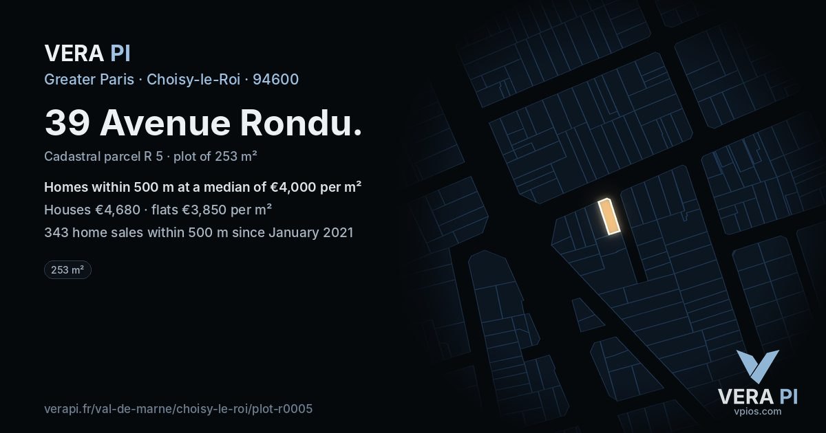 39 Avenue Rondu, Choisy-le-Roi at night – the plot lit, the parcels around coloured by the prices near them
