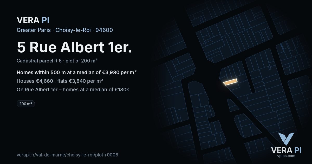 5 Rue Albert 1er, Choisy-le-Roi at night – the plot lit, the parcels around coloured by the prices near them