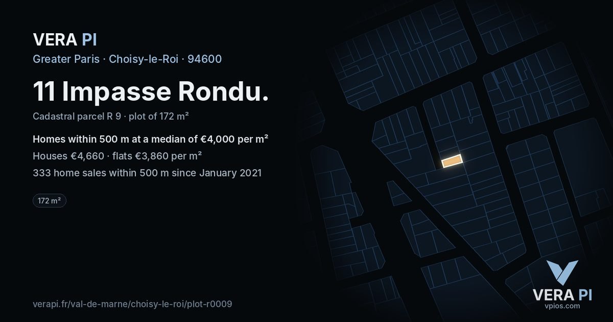 11 Impasse Rondu, Choisy-le-Roi at night – the plot lit, the parcels around coloured by the prices near them