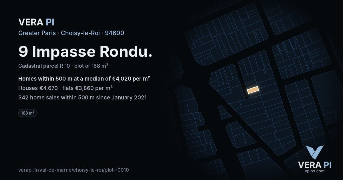 9 Impasse Rondu, Choisy-le-Roi at night – the plot lit, the parcels around coloured by the prices near them