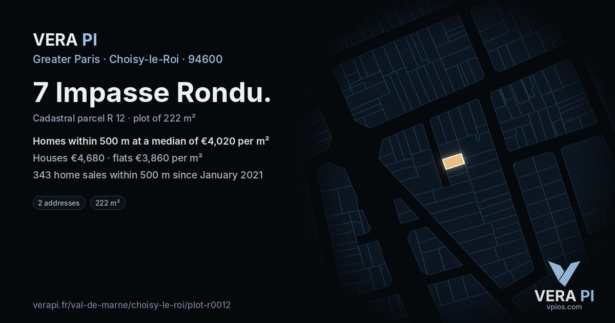 7 Impasse Rondu, Choisy-le-Roi at night – the plot lit, the parcels around coloured by the prices near them