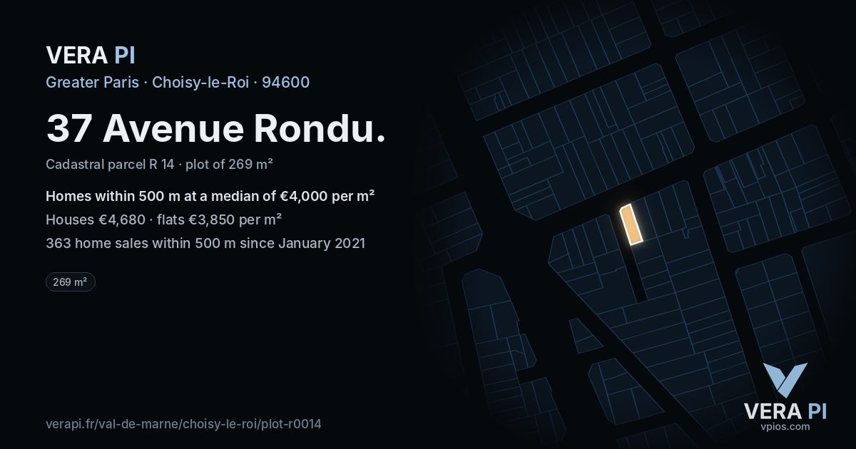 37 Avenue Rondu, Choisy-le-Roi at night – the plot lit, the parcels around coloured by the prices near them