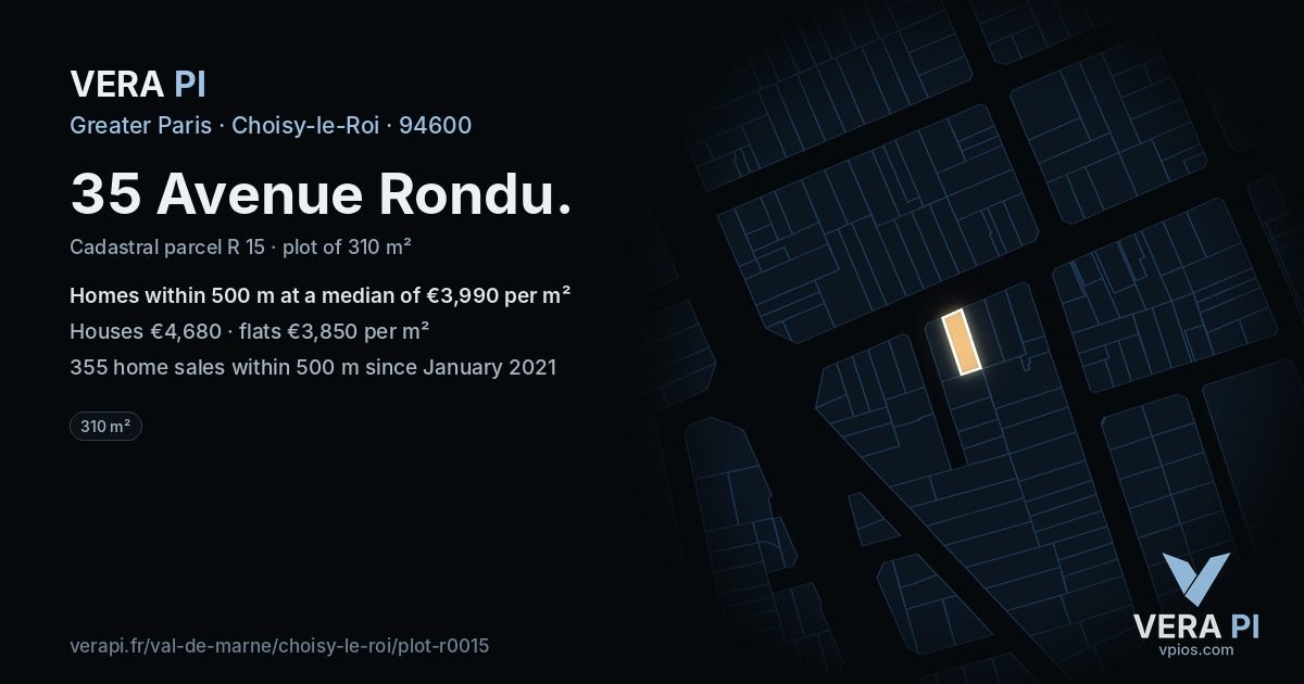 35 Avenue Rondu, Choisy-le-Roi at night – the plot lit, the parcels around coloured by the prices near them
