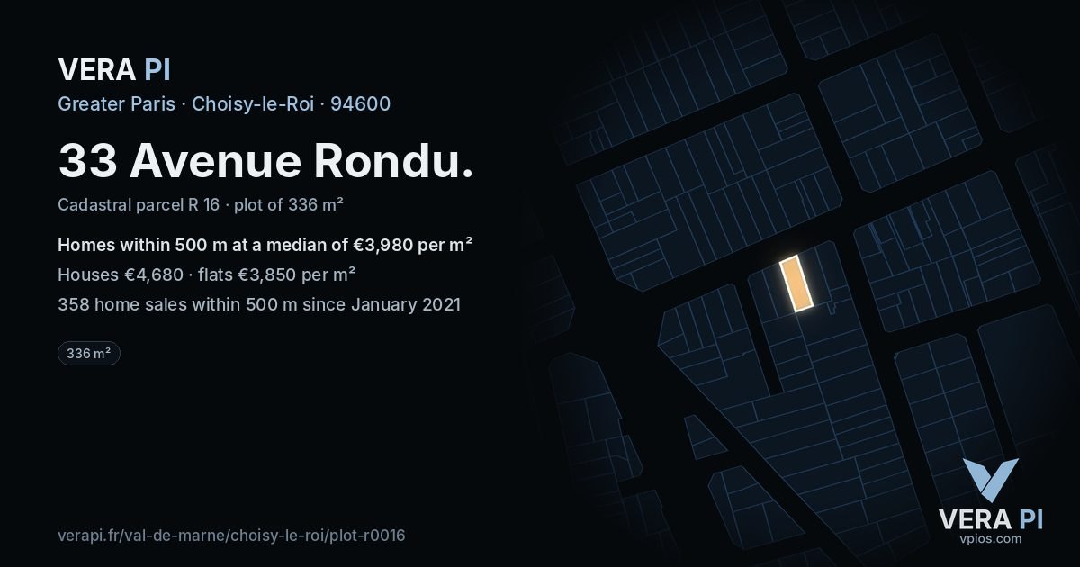 33 Avenue Rondu, Choisy-le-Roi at night – the plot lit, the parcels around coloured by the prices near them
