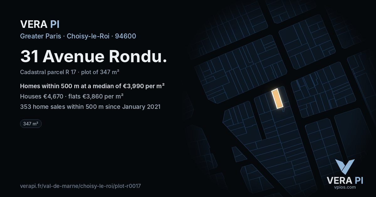 31 Avenue Rondu, Choisy-le-Roi at night – the plot lit, the parcels around coloured by the prices near them