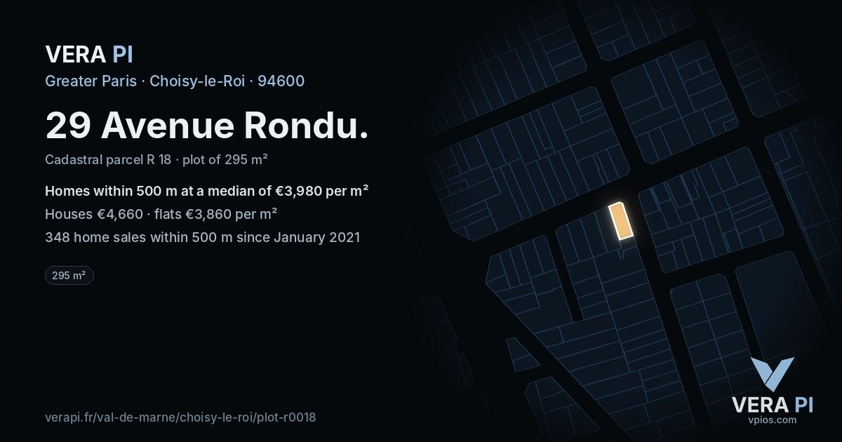 29 Avenue Rondu, Choisy-le-Roi at night – the plot lit, the parcels around coloured by the prices near them