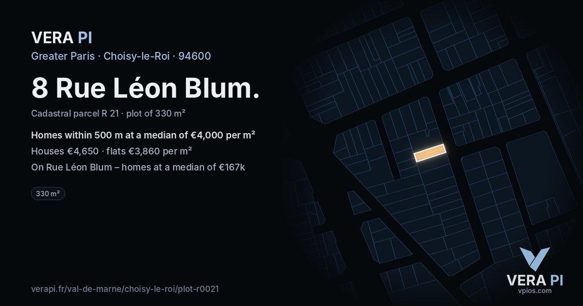 8 Rue Léon Blum, Choisy-le-Roi at night – the plot lit, the parcels around coloured by the prices near them