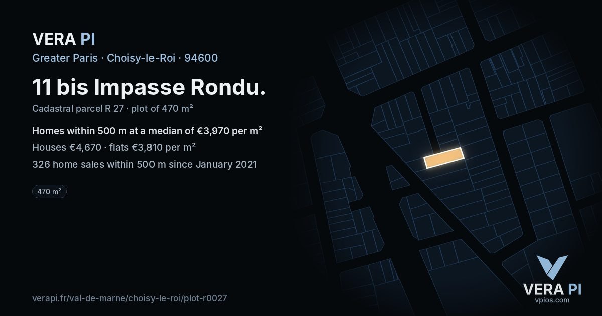 11 bis Impasse Rondu, Choisy-le-Roi at night – the plot lit, the parcels around coloured by the prices near them