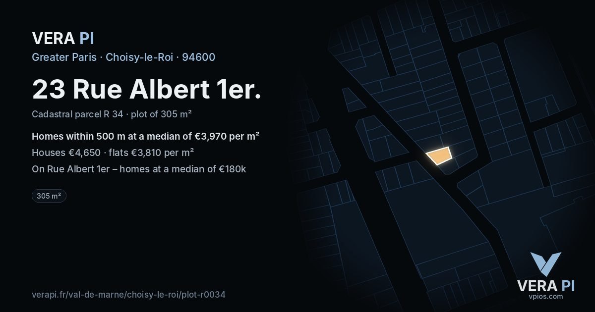 23 Rue Albert 1er, Choisy-le-Roi at night – the plot lit, the parcels around coloured by the prices near them