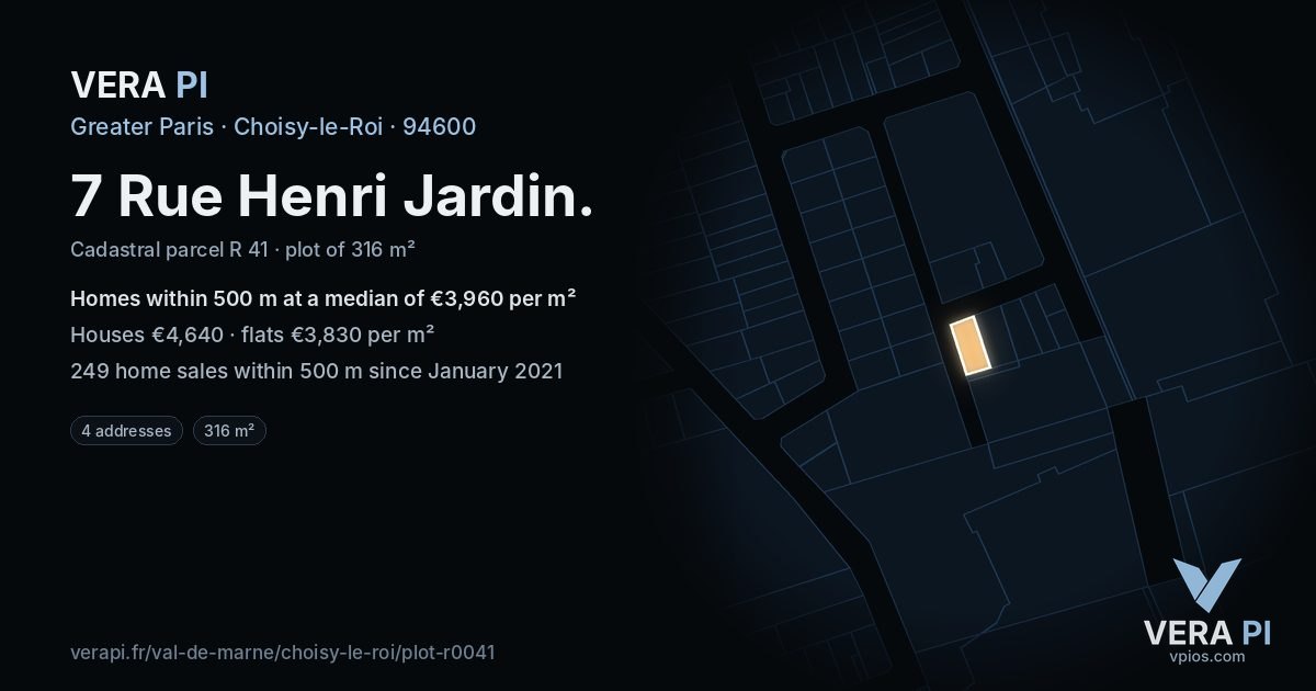 7 Rue Henri Jardin, Choisy-le-Roi at night – the plot lit, the parcels around coloured by the prices near them