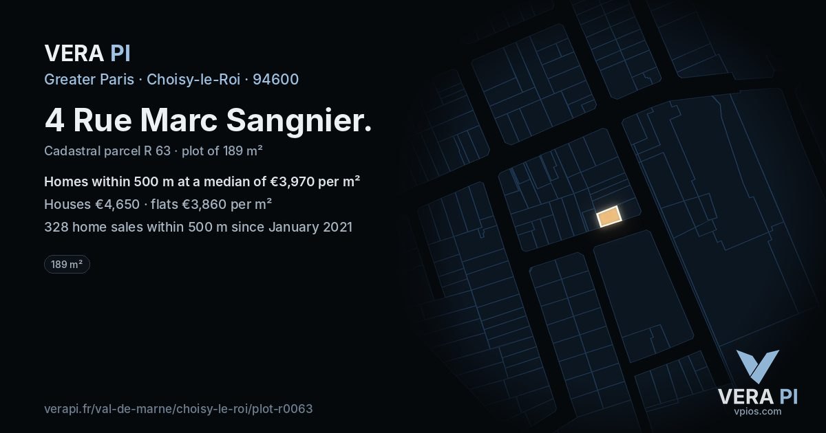 4 Rue Marc Sangnier, Choisy-le-Roi at night – the plot lit, the parcels around coloured by the prices near them