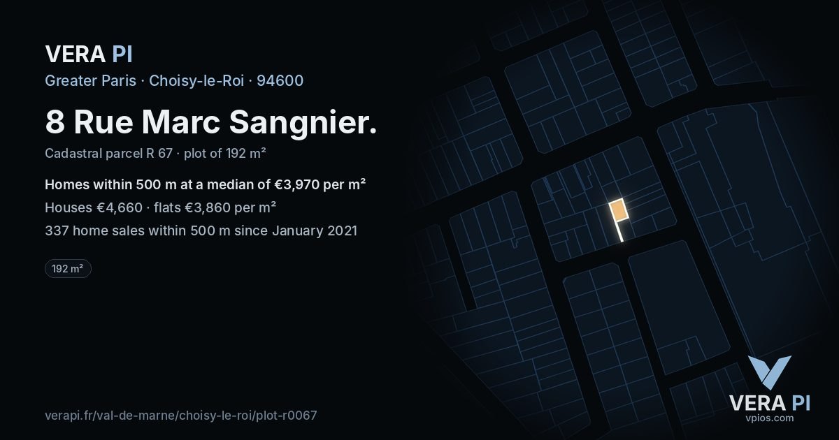 8 Rue Marc Sangnier, Choisy-le-Roi at night – the plot lit, the parcels around coloured by the prices near them