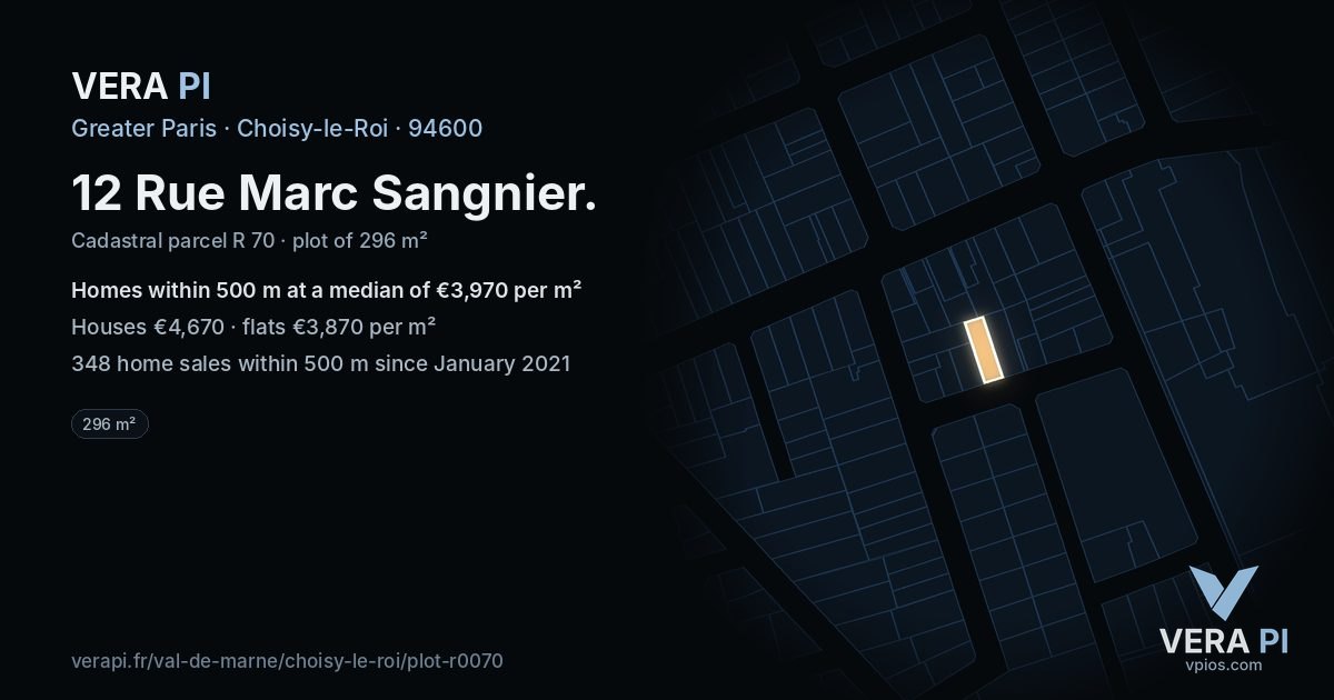12 Rue Marc Sangnier, Choisy-le-Roi at night – the plot lit, the parcels around coloured by the prices near them