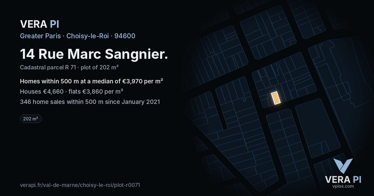 14 Rue Marc Sangnier, Choisy-le-Roi at night – the plot lit, the parcels around coloured by the prices near them