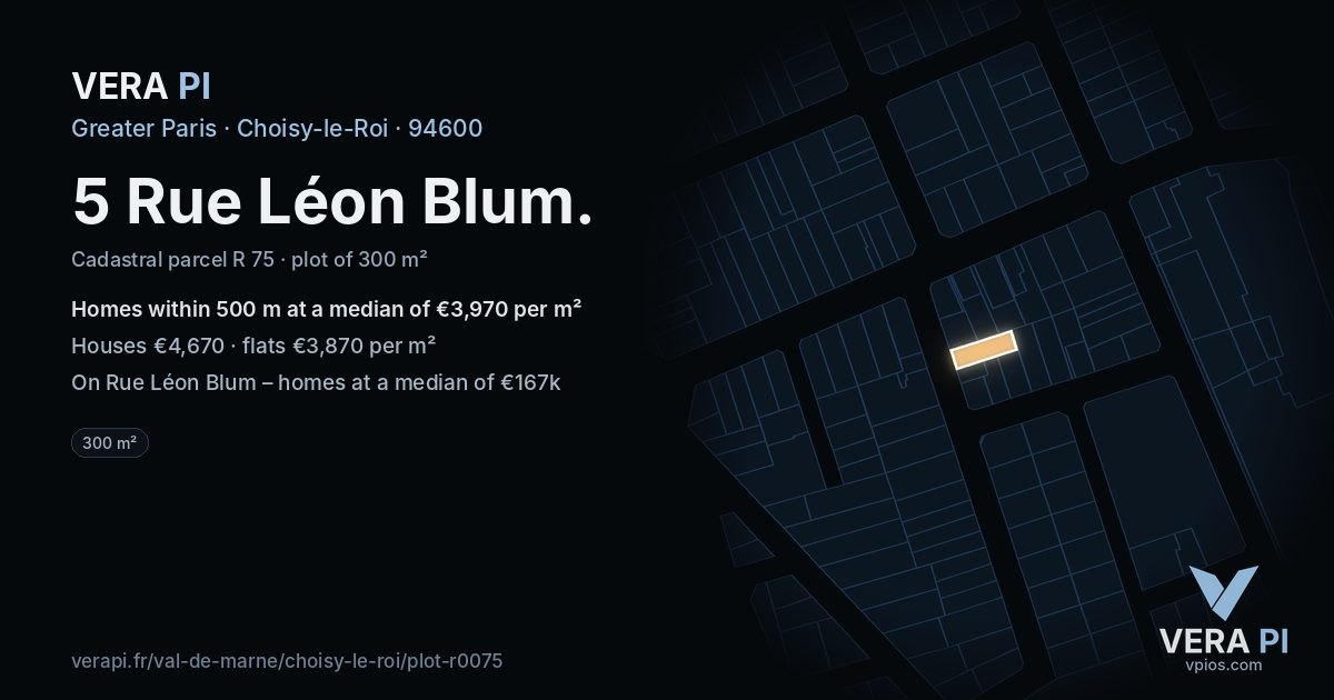 5 Rue Léon Blum, Choisy-le-Roi at night – the plot lit, the parcels around coloured by the prices near them