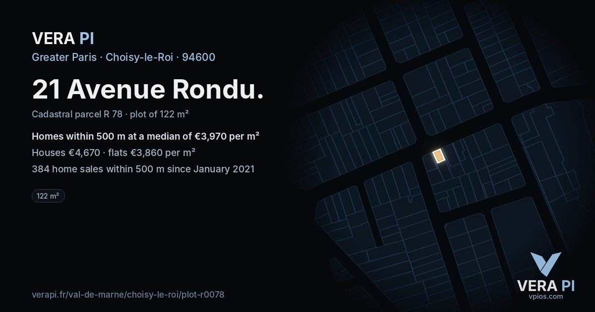 21 Avenue Rondu, Choisy-le-Roi at night – the plot lit, the parcels around coloured by the prices near them