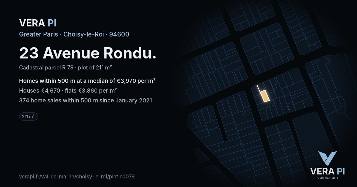 23 Avenue Rondu, Choisy-le-Roi at night – the plot lit, the parcels around coloured by the prices near them