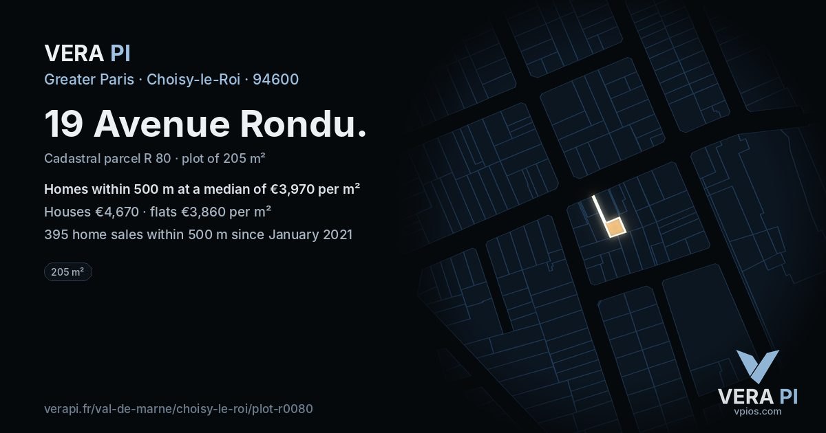 19 Avenue Rondu, Choisy-le-Roi at night – the plot lit, the parcels around coloured by the prices near them