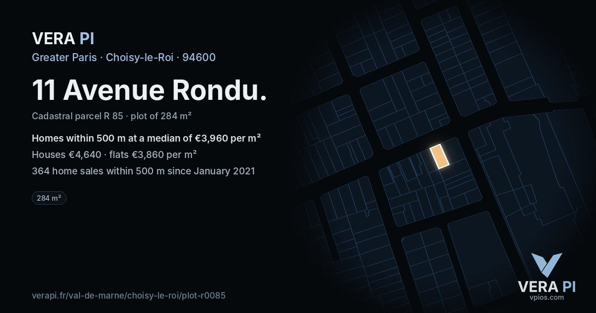 11 Avenue Rondu, Choisy-le-Roi at night – the plot lit, the parcels around coloured by the prices near them