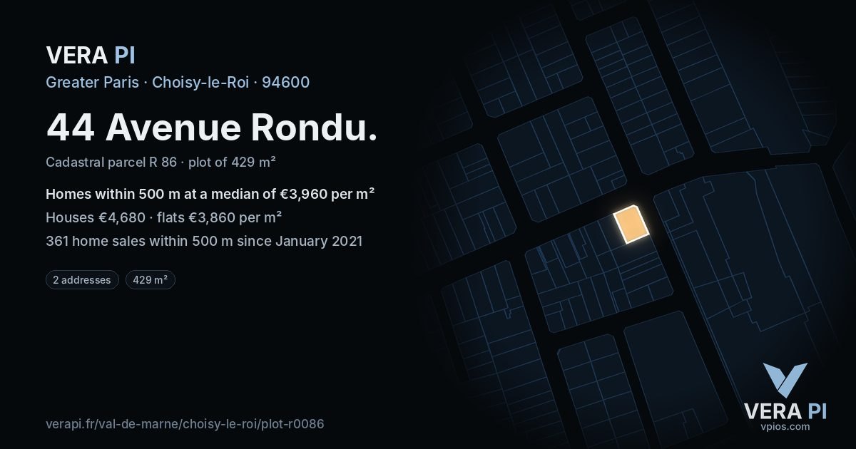 44 Avenue Rondu, Choisy-le-Roi at night – the plot lit, the parcels around coloured by the prices near them
