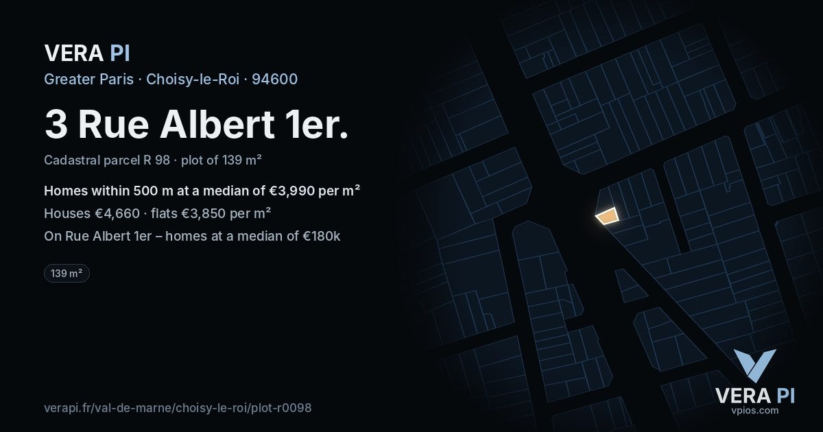 3 Rue Albert 1er, Choisy-le-Roi at night – the plot lit, the parcels around coloured by the prices near them