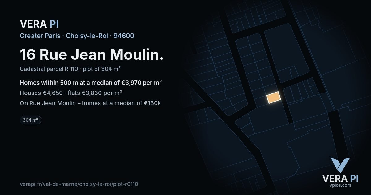 16 Rue Jean Moulin, Choisy-le-Roi at night – the plot lit, the parcels around coloured by the prices near them