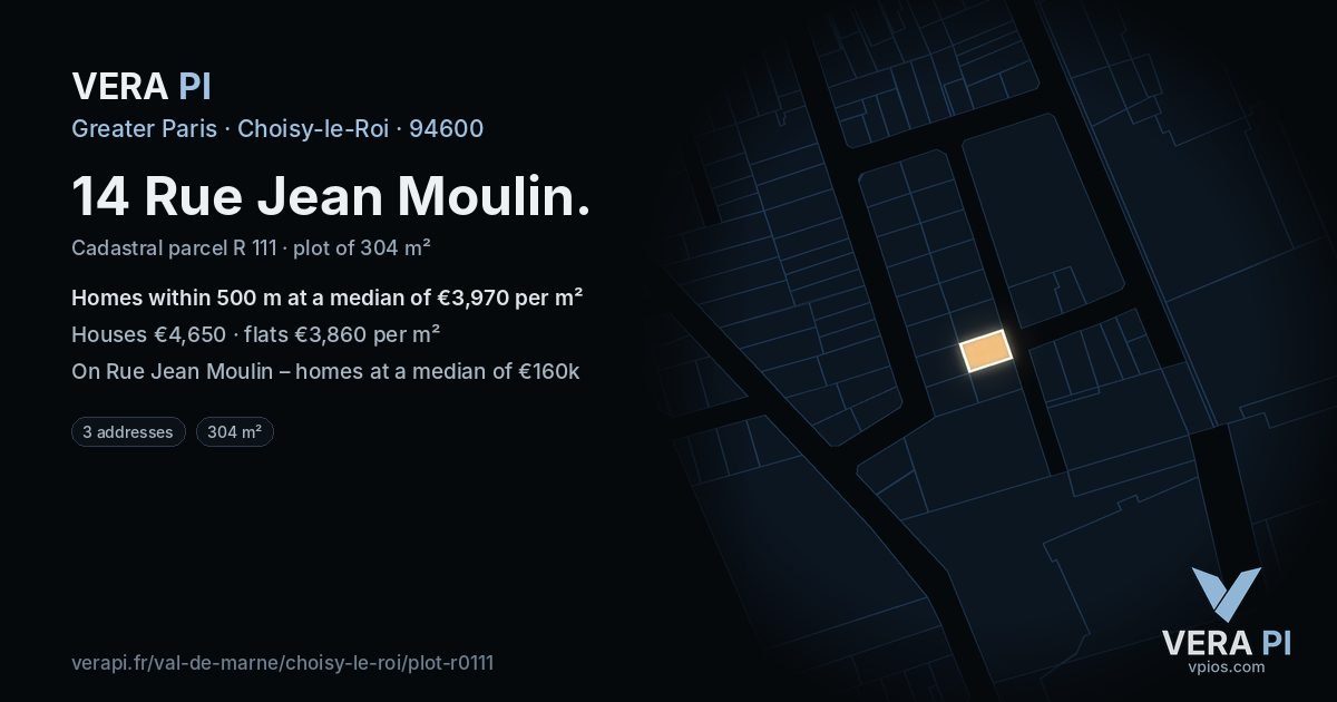 14 Rue Jean Moulin, Choisy-le-Roi at night – the plot lit, the parcels around coloured by the prices near them